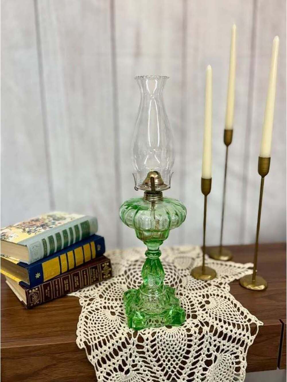 Green Depression Glass Oil Lamp with Clear Glass Chimney